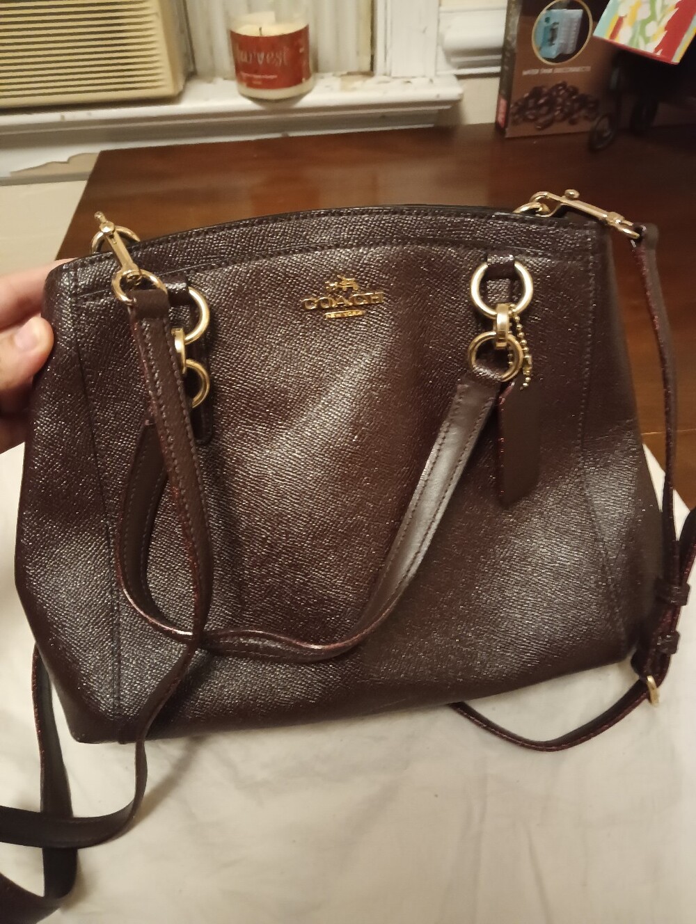 Coach Minetta Crossgrain Leather Satchel Dark Brown/Burgundy Shimmer